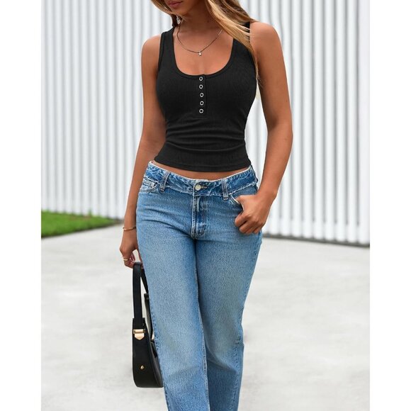 Women's Ribbed Tank Top Summer Sleeveless Crew Neck Button Down Slim Fit Casual - Picture 6 of 8